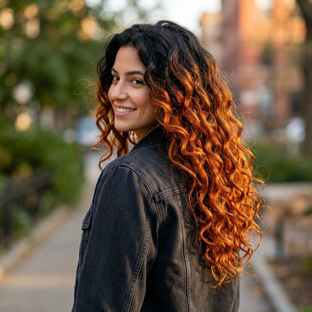 Black to Copper Auburn Ombré on Long Curls