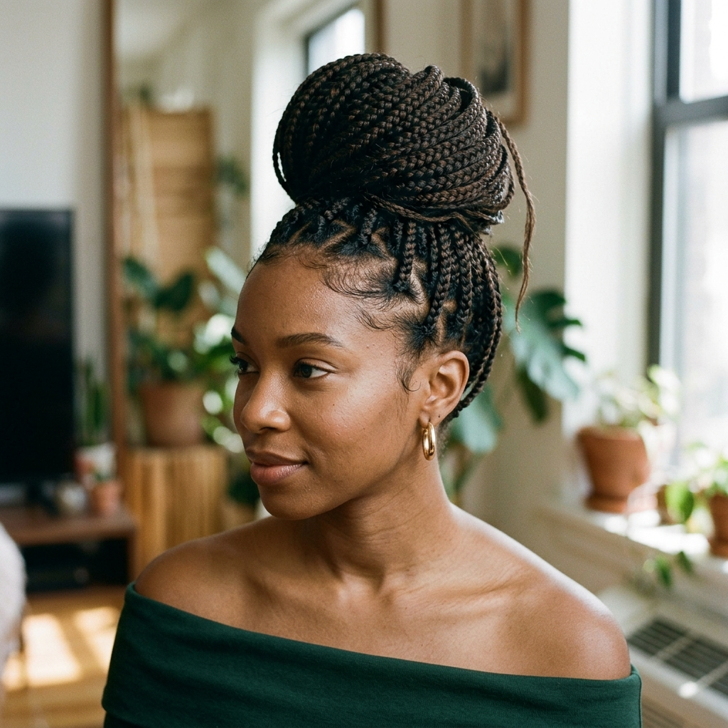 Box Braids Styled Into a High Bun