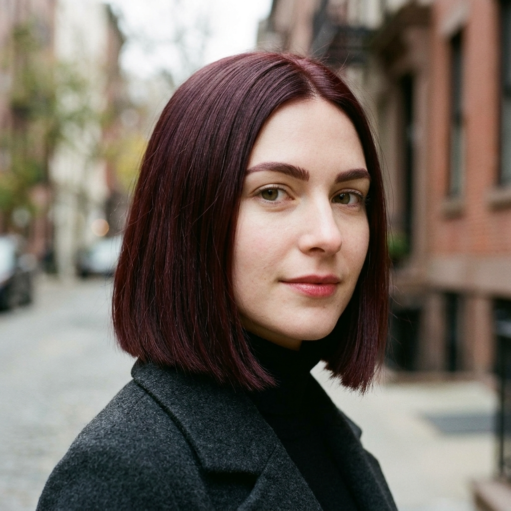 Burgundy Auburn Blunt Bob With Plum-Brown Brows
