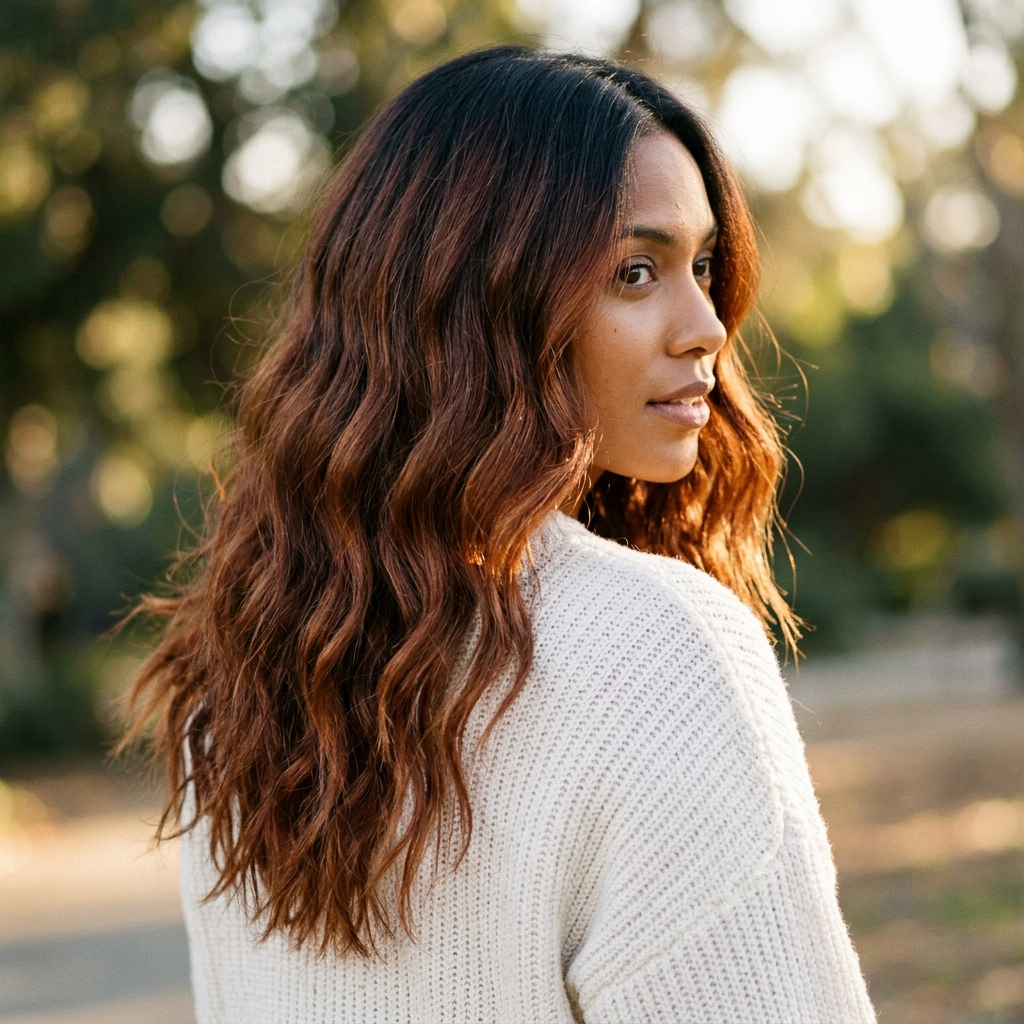 Chestnut Auburn Lived-In Balayage on Loose Waves