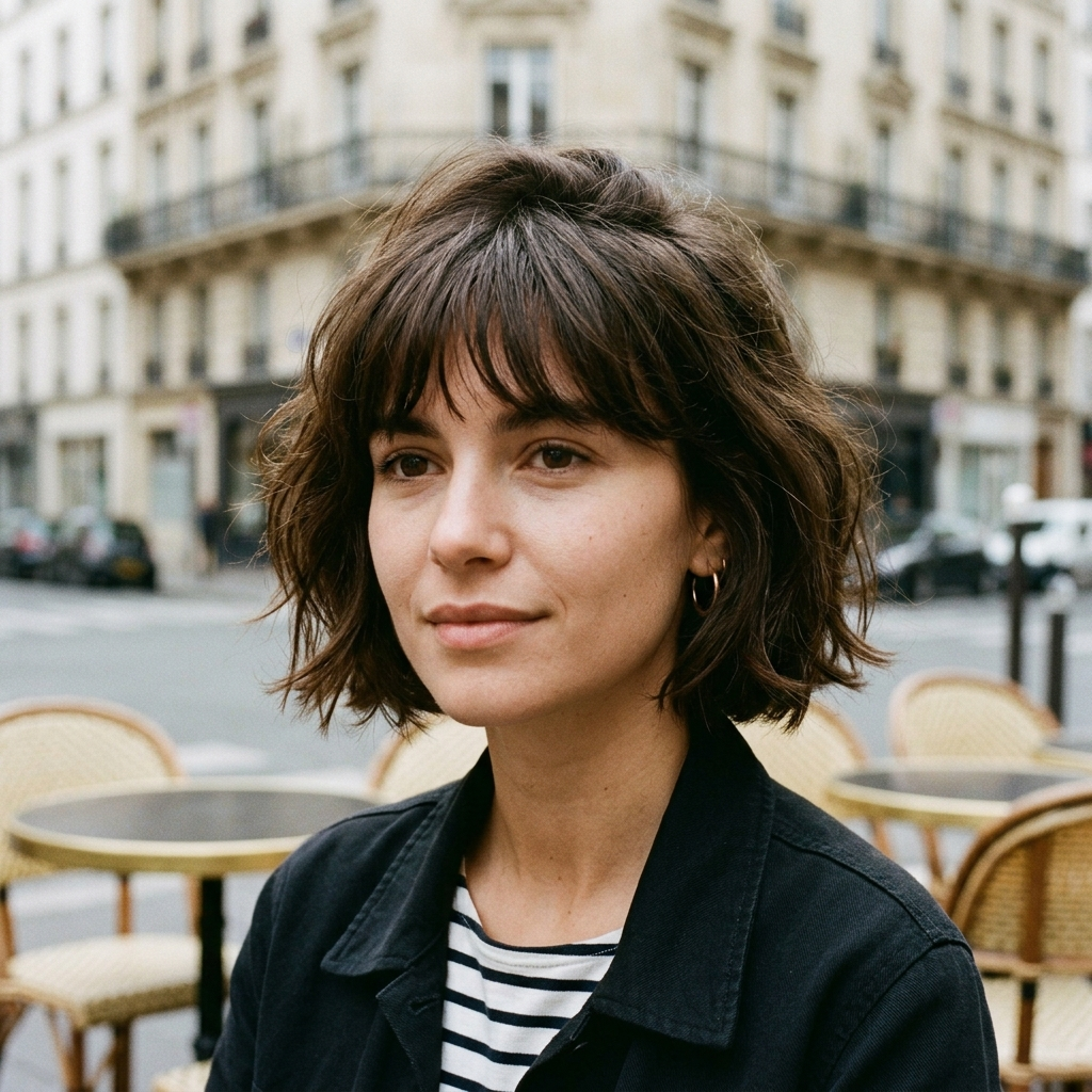 Chin Length French Bob with Brow-Grazing Bangs