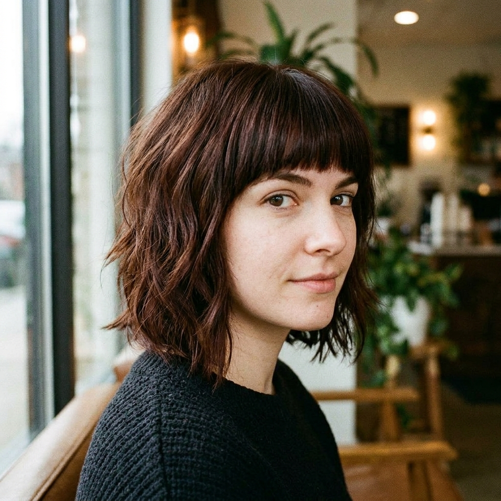 Chin-Length Shag Bob with Thick Blunt Bangs