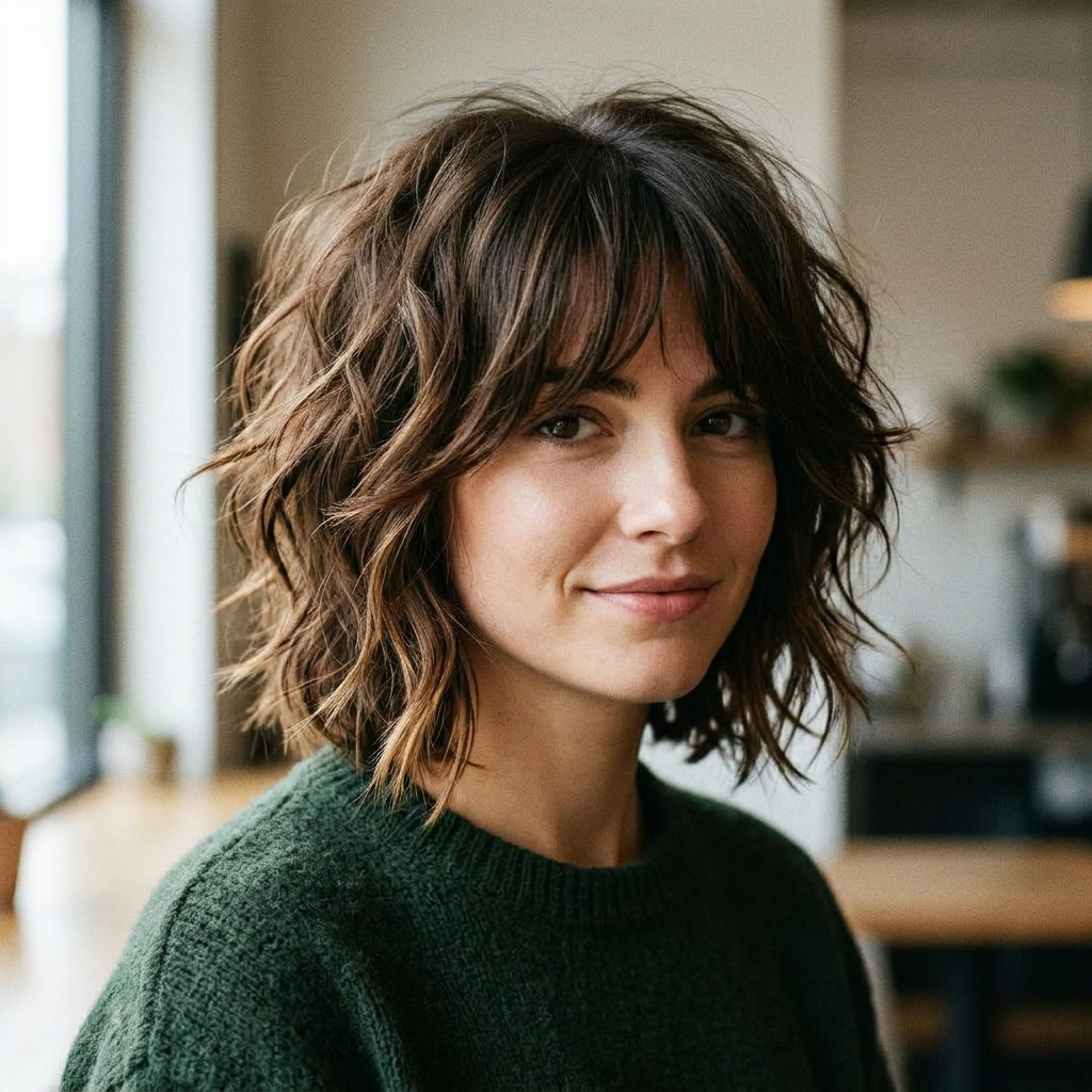 Chin Length Shag with Curtain Bangs