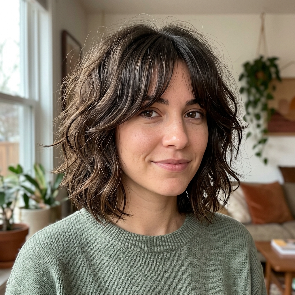 Chin Length Shag with Curtain Bangs