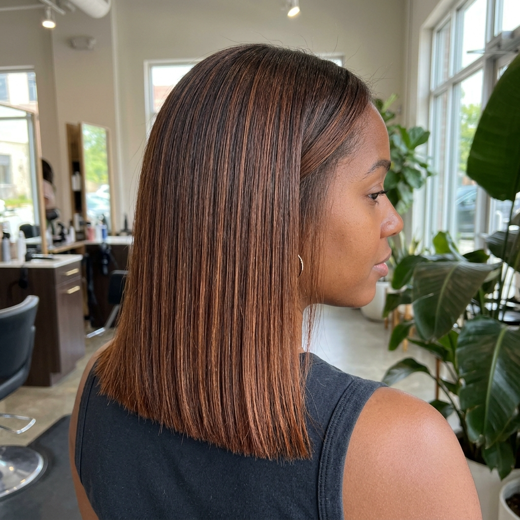 Cinnamon Auburn Babylights on a Silk-Pressed Blunt Cut
