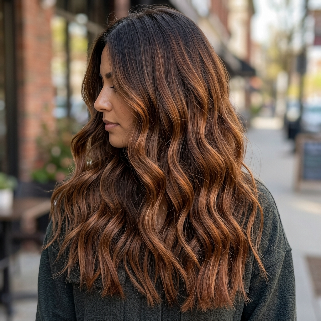 Cinnamon Auburn Balayage on Long Waves