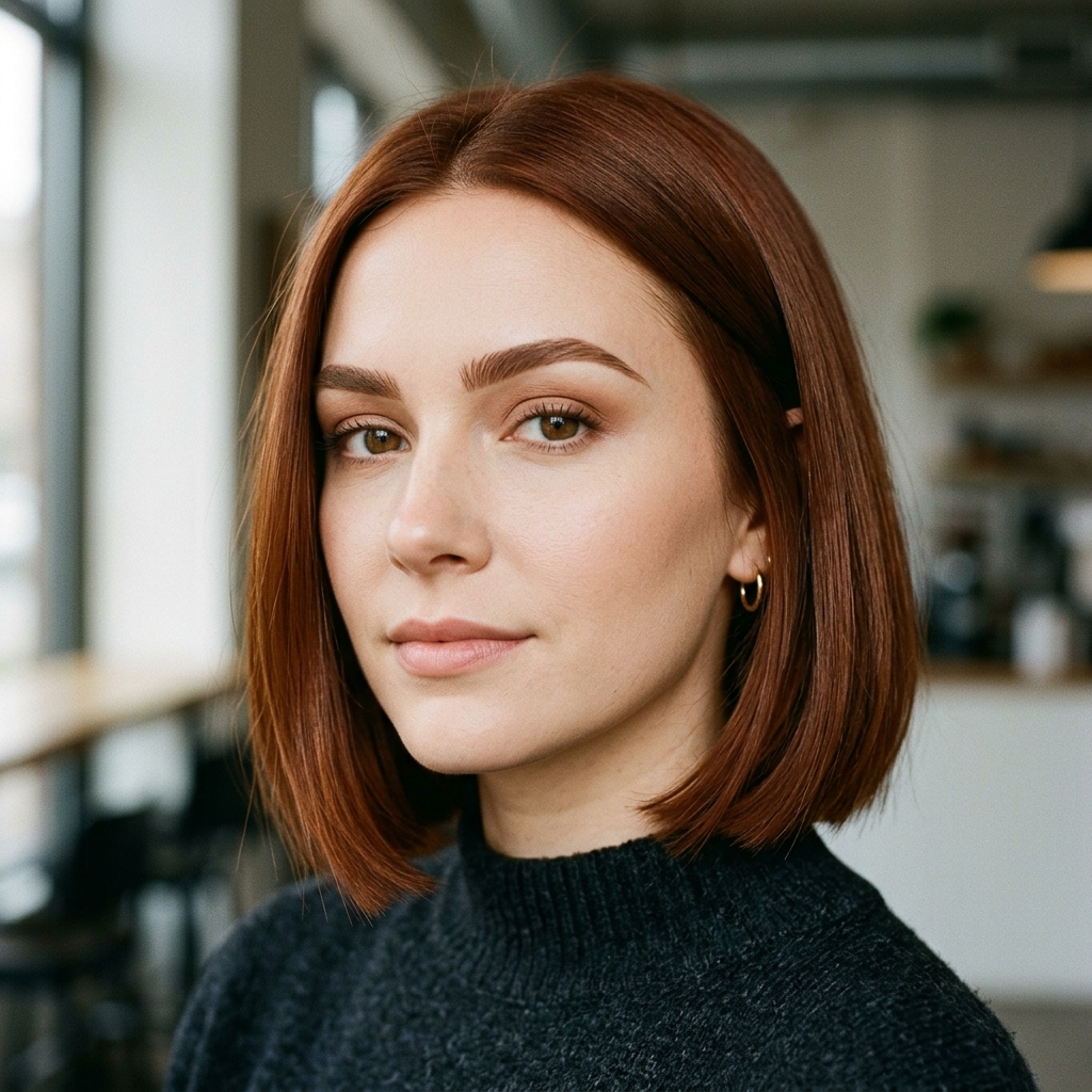 Cinnamon Auburn Blunt Bob With Warm Medium Brown Brows
