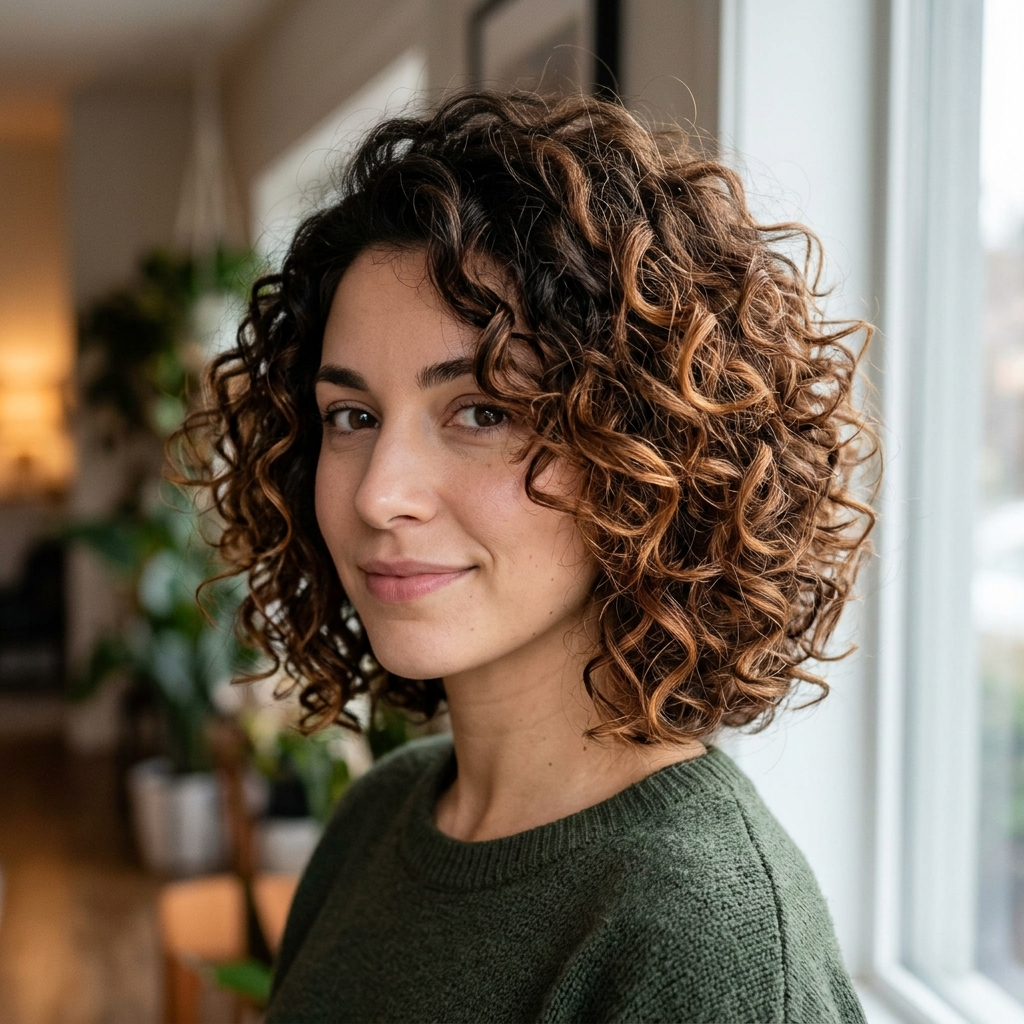 Cinnamon Balayage Curly Bob