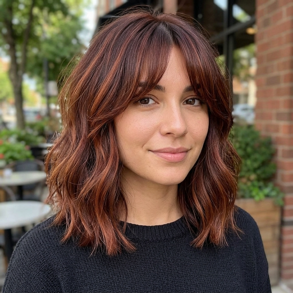 Cinnamon Mahogany Lob with Curtain Bangs