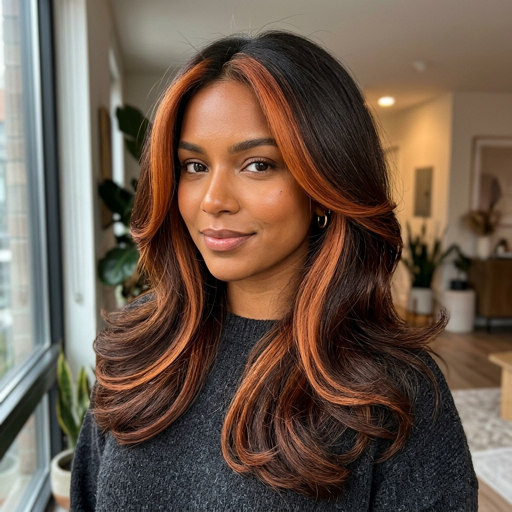 Copper-Auburn Face-Framing Ribbons on Dark Brown