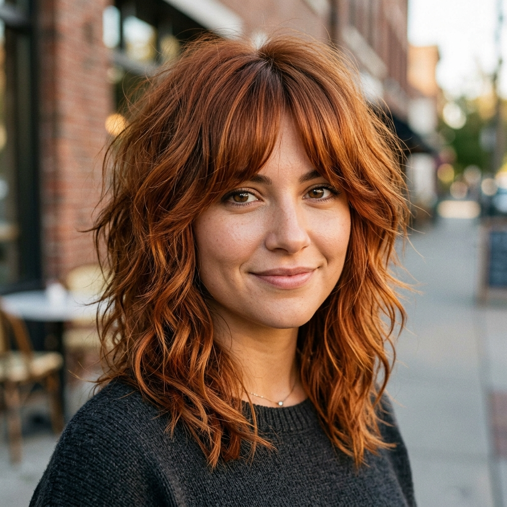 Copper Auburn Shag With Curtain Bangs
