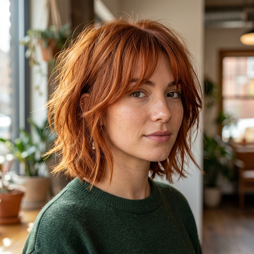 Copper Chin Length Shag with Curtain Bangs