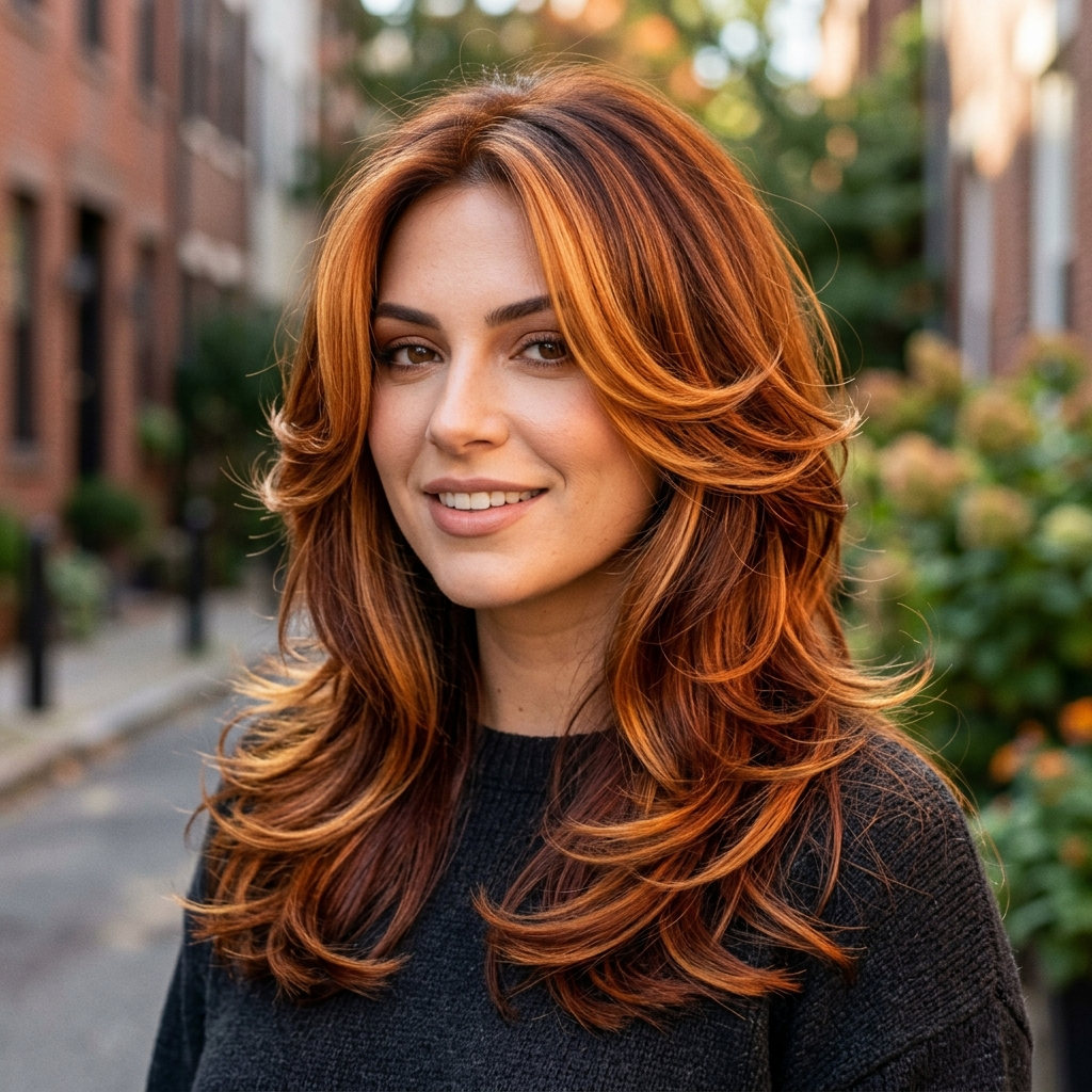 Copper Gold Balayage on Butterfly Layers