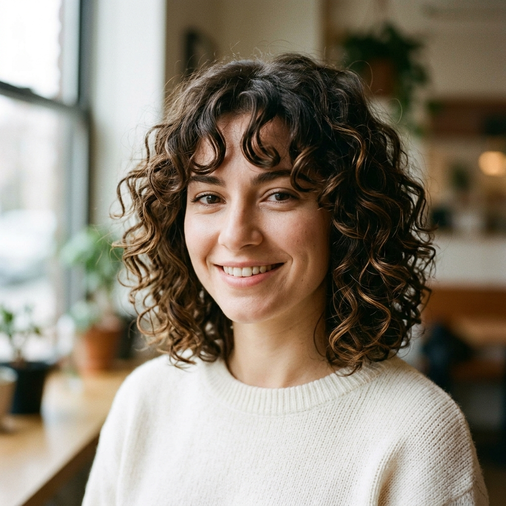 Curly Bob with Curtain Bangs