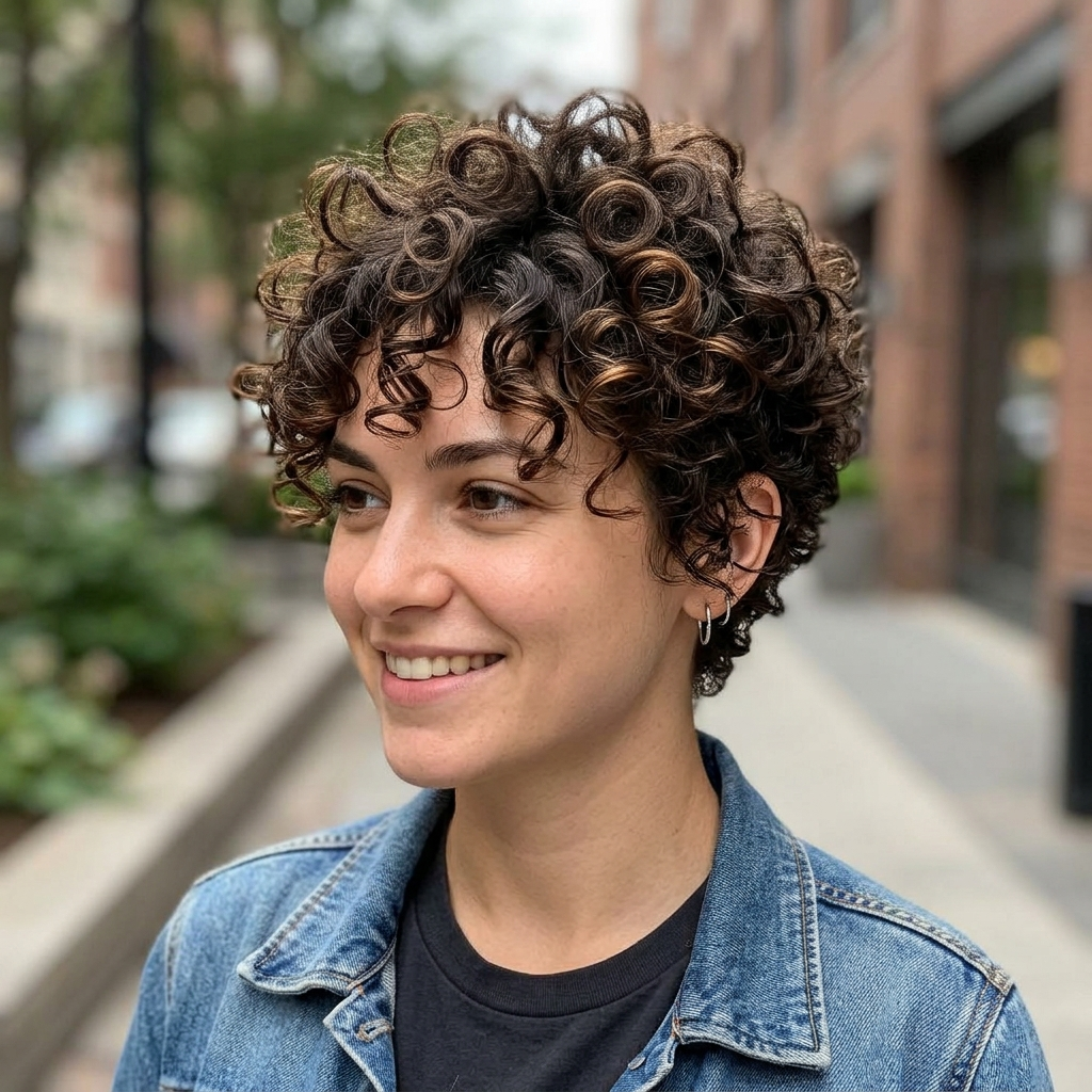 Curly Pixie Shag with Spiral Bangs