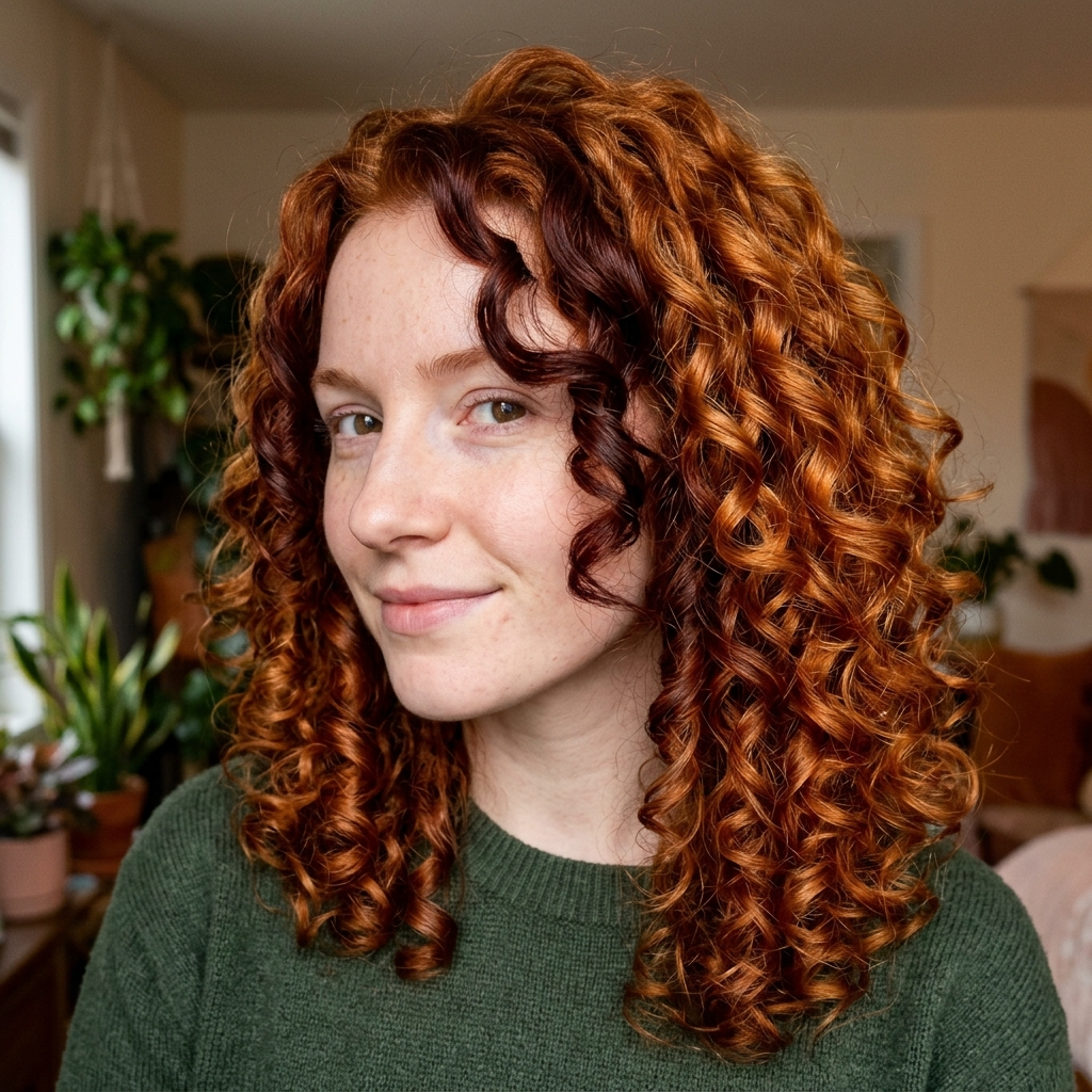 Deep Auburn Face-Framing Pieces on Curly Hair