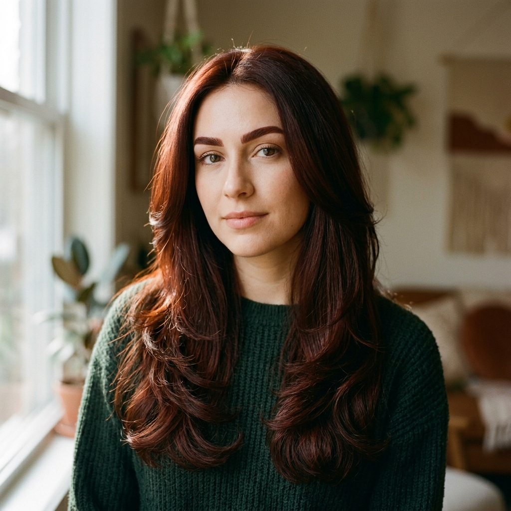 Deep Auburn Long Layers With Tinted Mahogany-Brown Brows