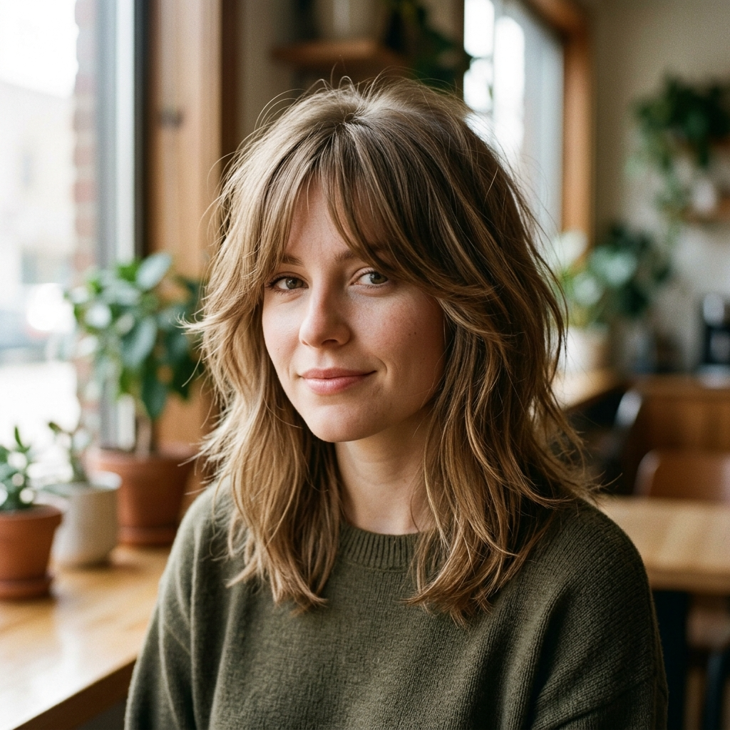 Fine Hair Shoulder Shag with Split Curtain Bangs