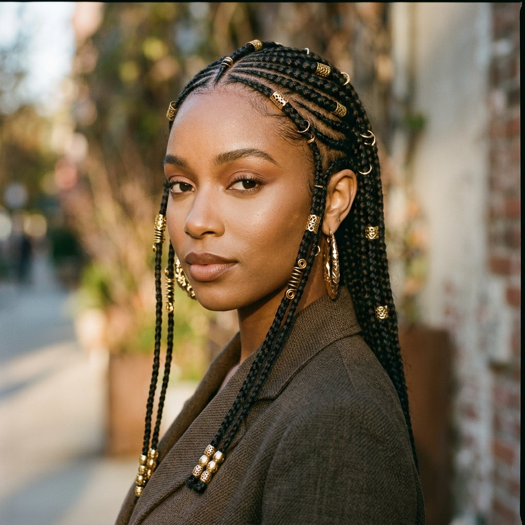 Fulani Braids with Gold Cuffs and Rings