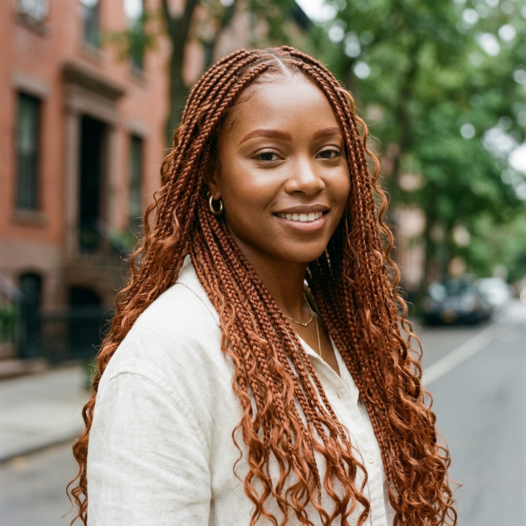 Ginger Auburn Knotless Braids With Matched Brown Brows