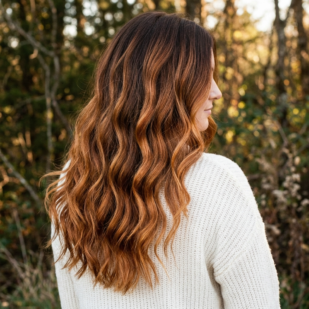 Golden Auburn Balayage on Long Waves