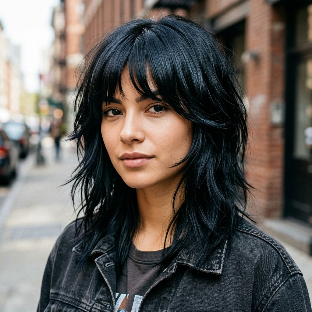 Jagged Jet-Black Shag with Arched Bangs