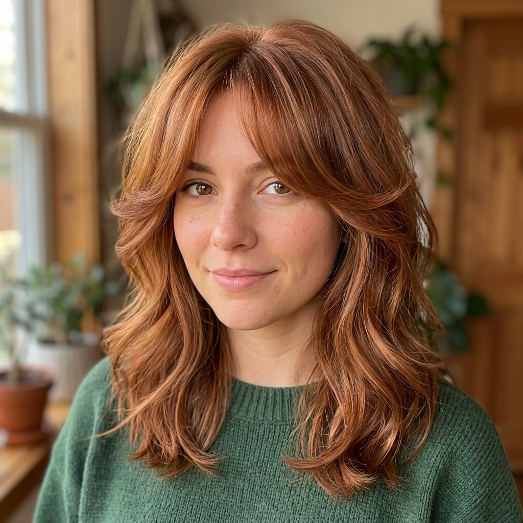 Light Auburn with Curtain Bangs