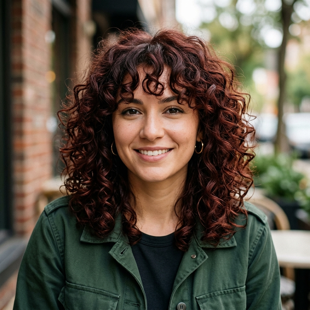 Mahogany Curly Shag with Full Curly Bangs