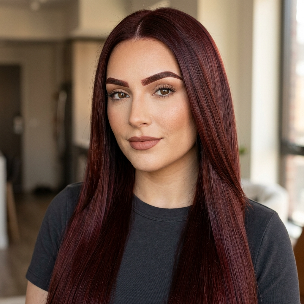 Red Velvet Sleek Straight Hair With Sculpted Warm-Brown Brows