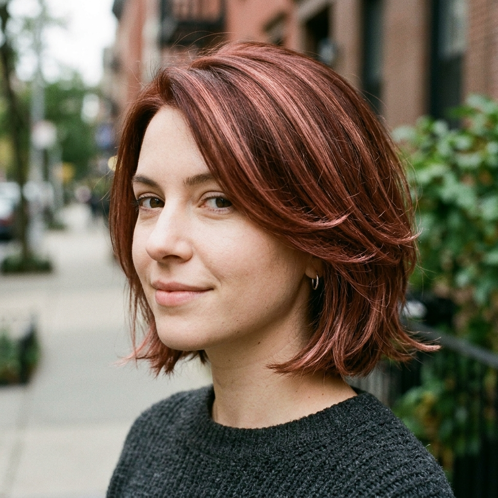 Rose Gold Auburn Highlights on a Layered Bob