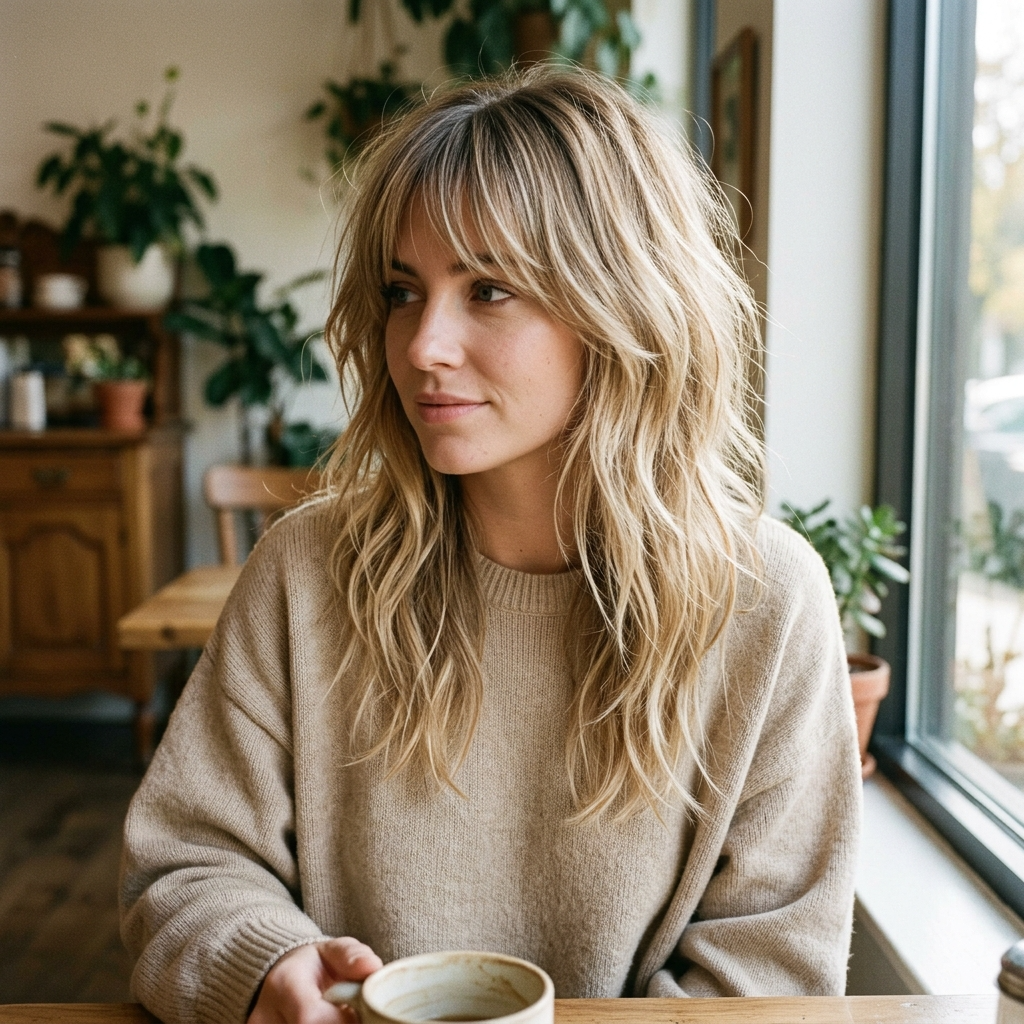 Sandy Blonde Lived-In Shag with Root Smudge