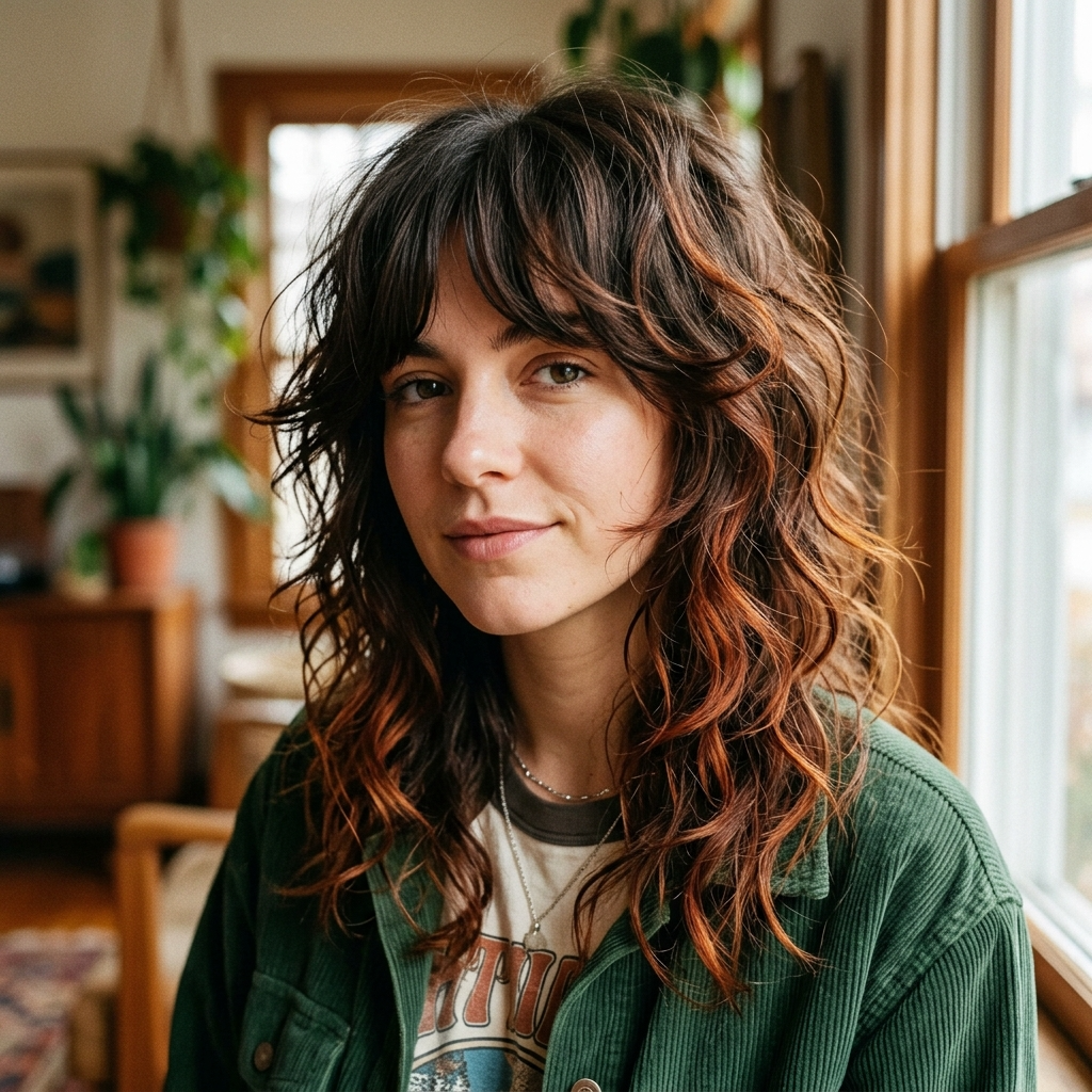 Shag with Curtain Bangs and Auburn Ends