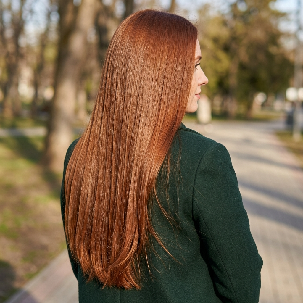 Sheer Copper Auburn Gloss on Long, Straight Red Hair