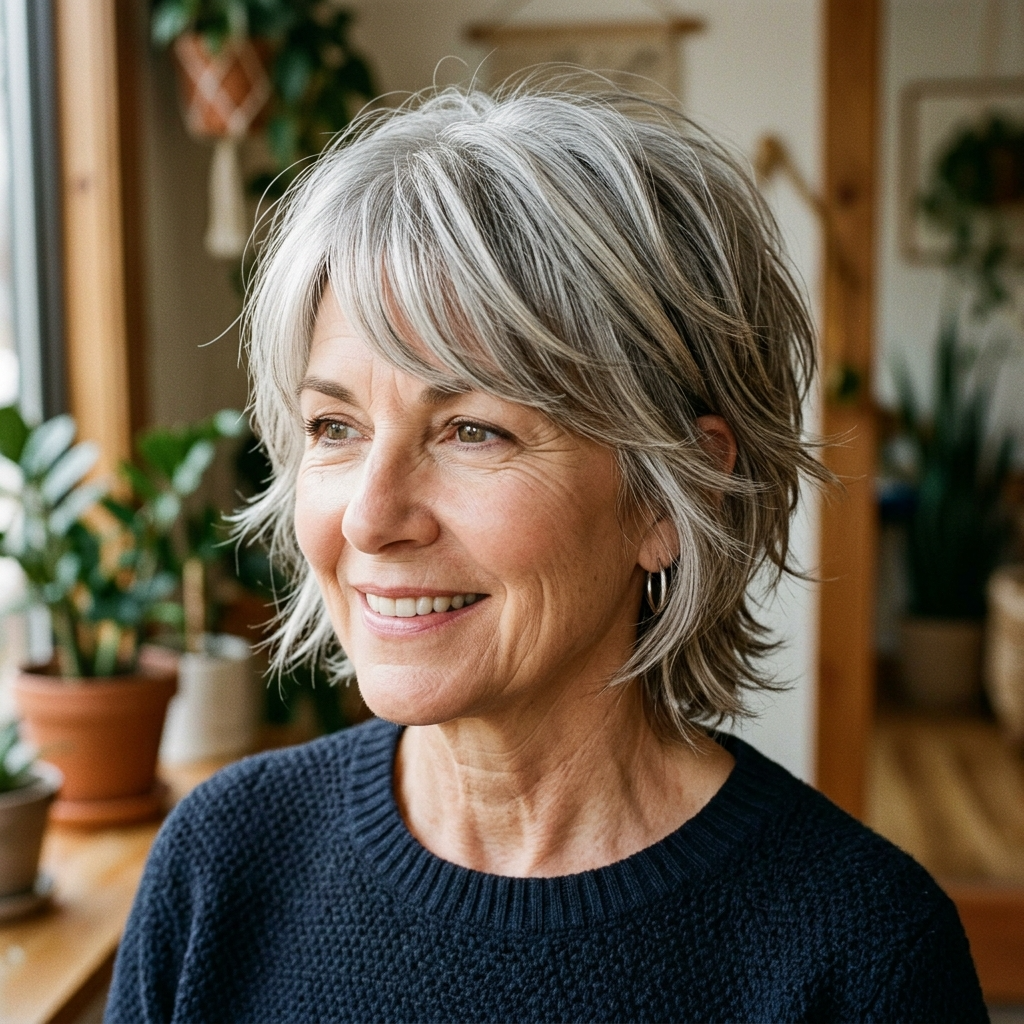 Silver-Blended Bixie Shag with Side Bangs
