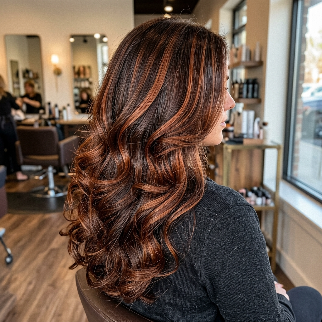 Spiced Auburn Ribbon Highlights on a Bouncy Blowout