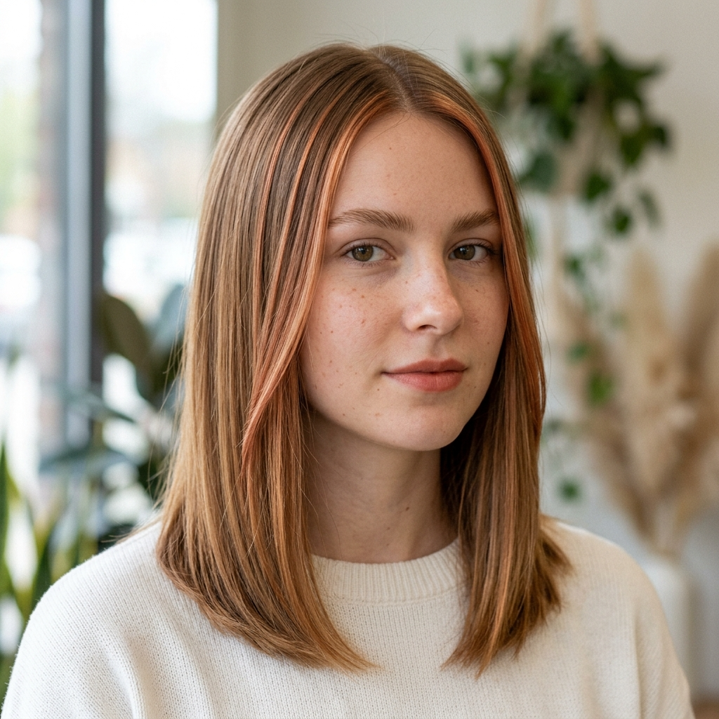 Strawberry Auburn Face-Framing Ribbons With Blonde-Brown Brows