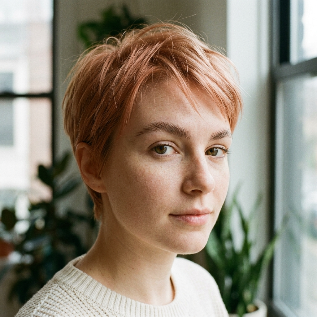 Strawberry Auburn Pixie With Feathered Taupe Brows
