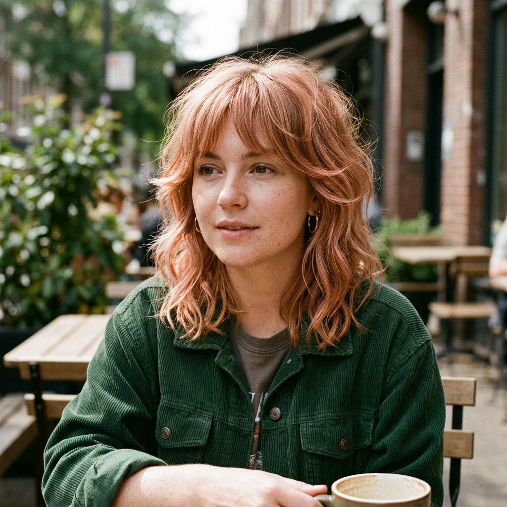Strawberry Blonde Shag with Bottleneck Bangs