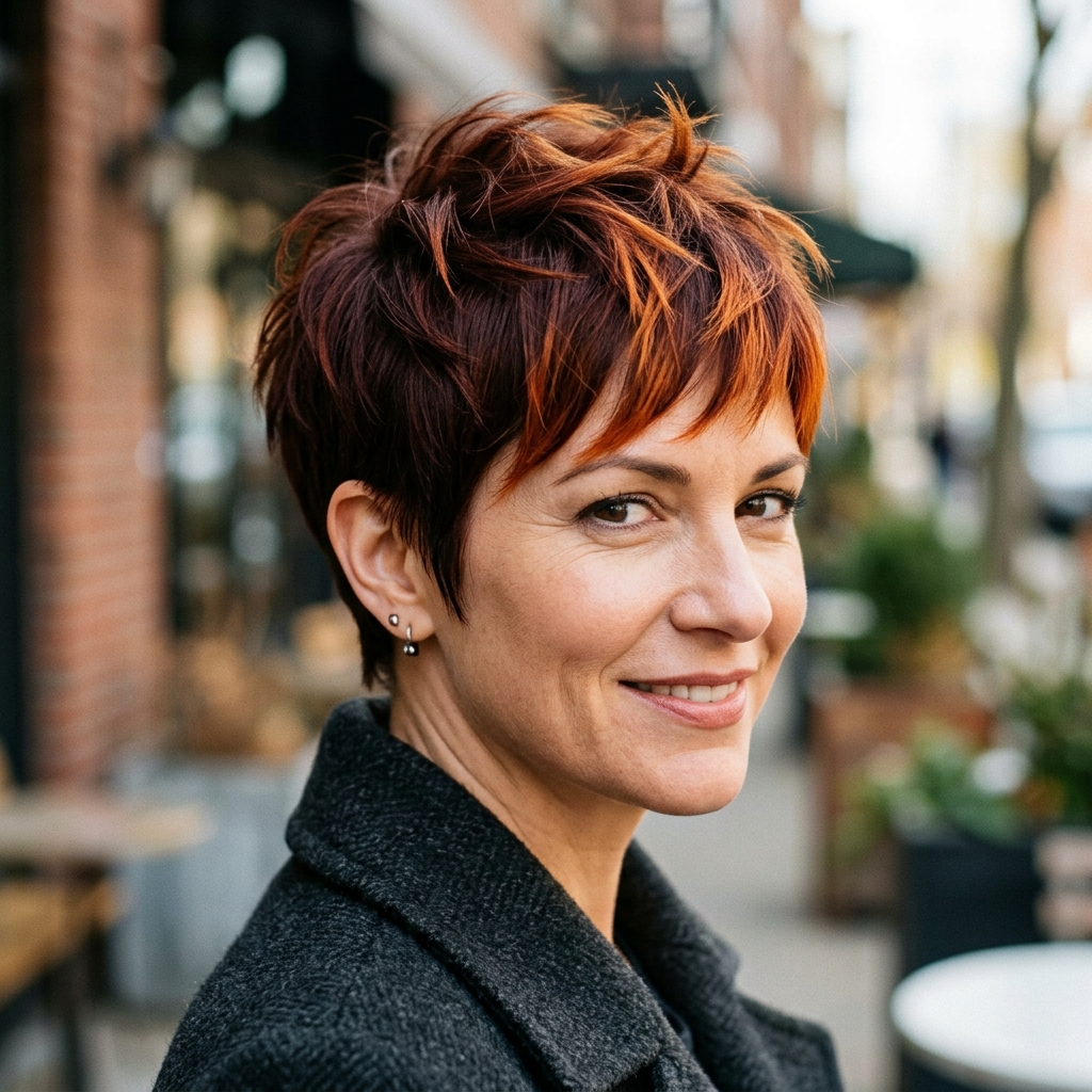 Textured Auburn Pixie With Copper-Tipped Crown