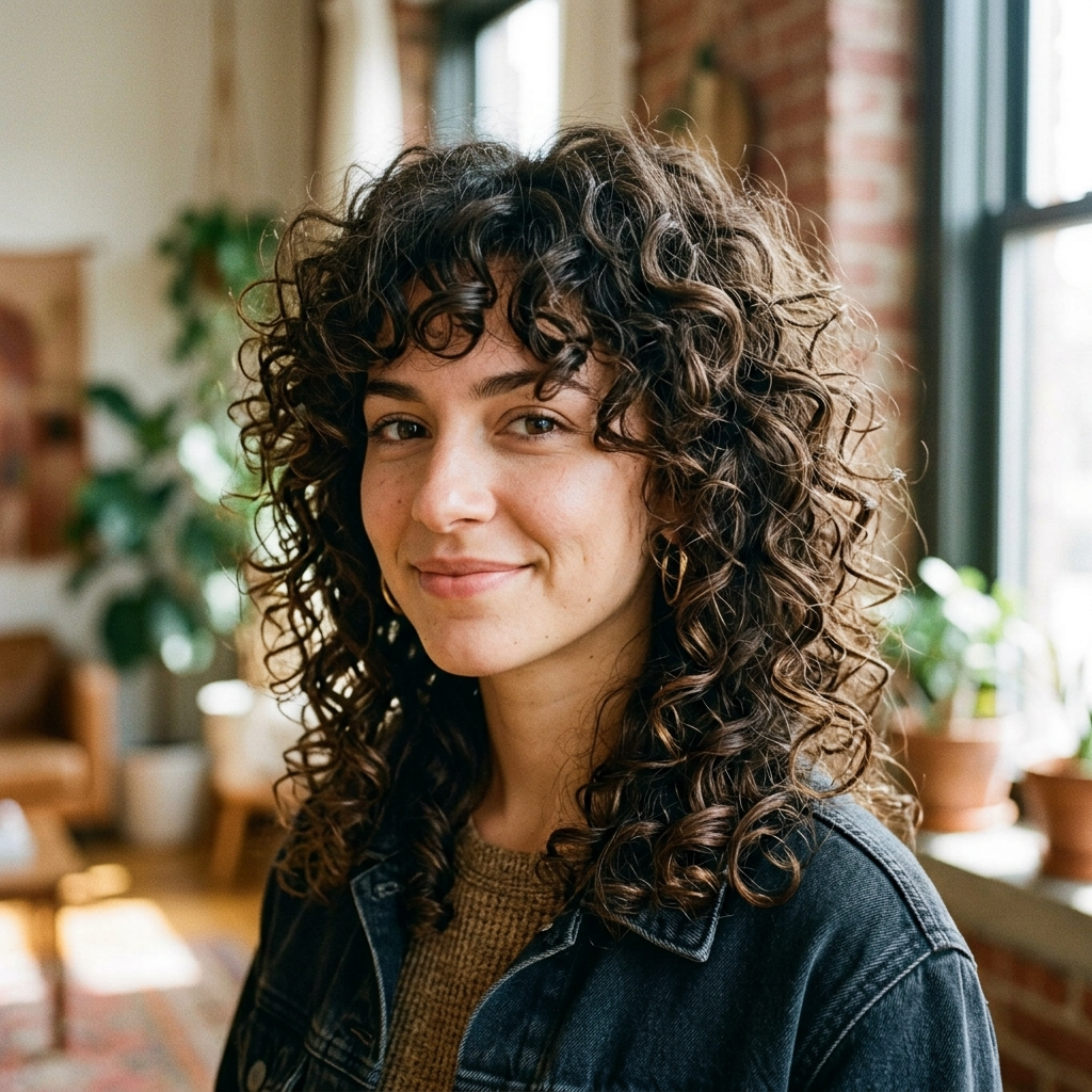 Type 3 Curly Shag with Rounded Bangs