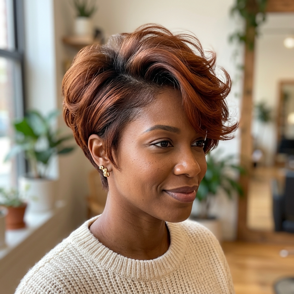 Voluminous Auburn Silk Press Pixie