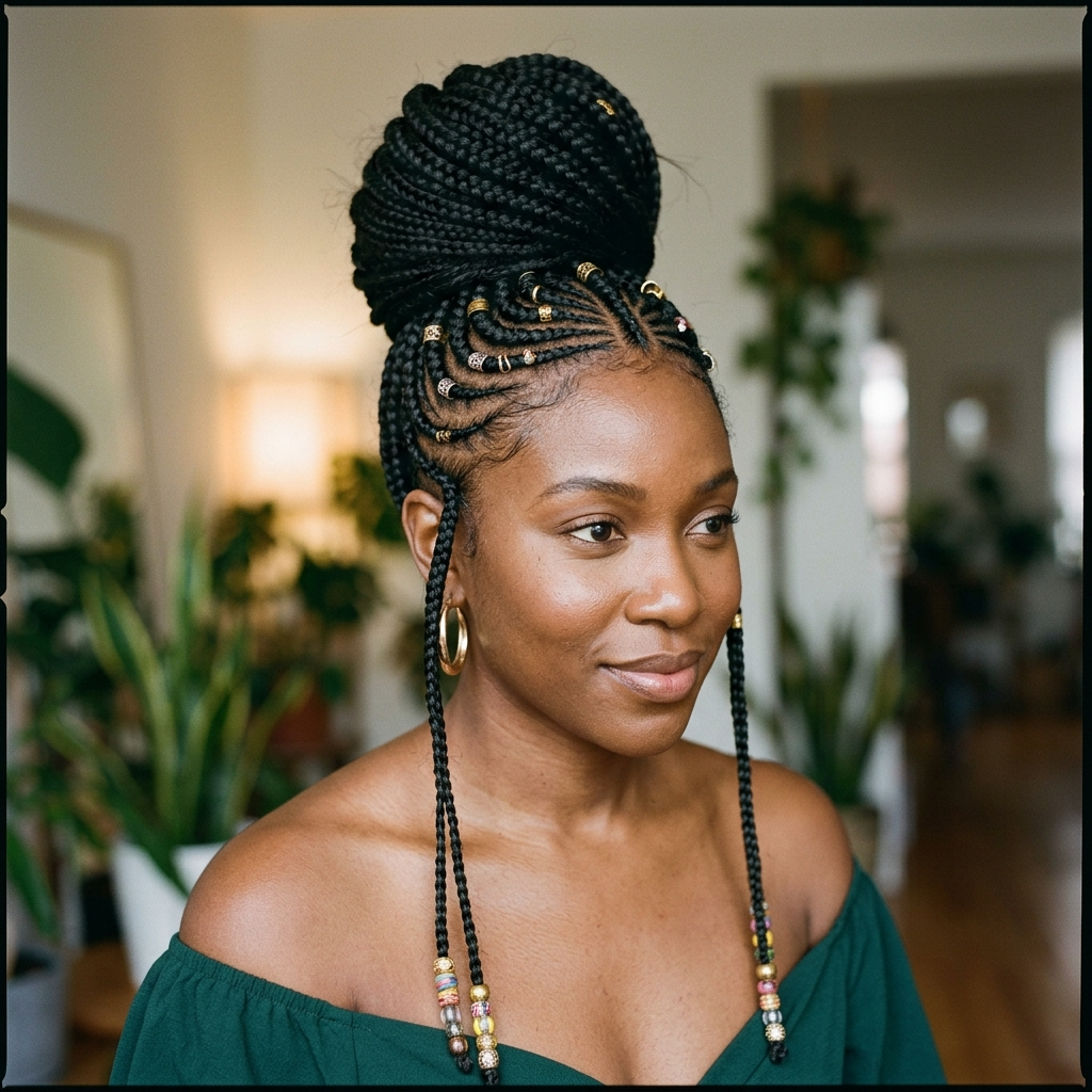 Waist-Length Fulani Braids in a High Bun